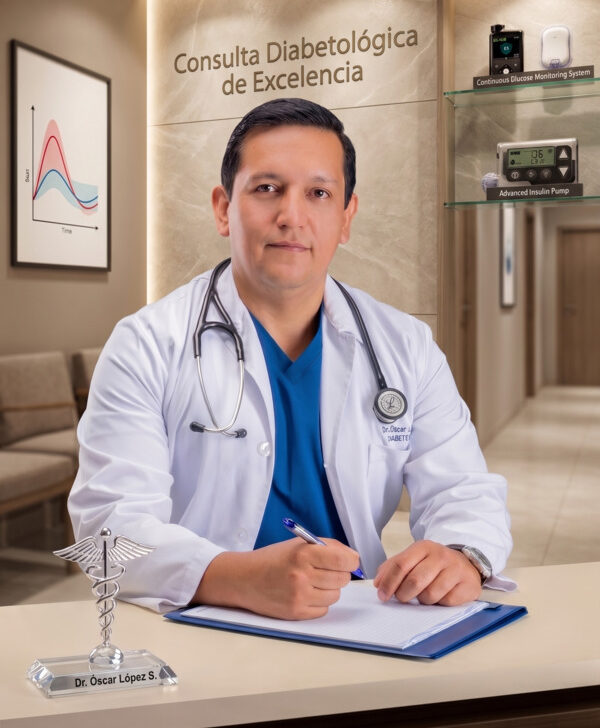 Dr. Óscar López S., médico diabetólogo en su consultorio. Atención médica especializada y manejo integral de la diabetes para el sector comercial, industrial y petrolero en Lago Agrio y Quito.